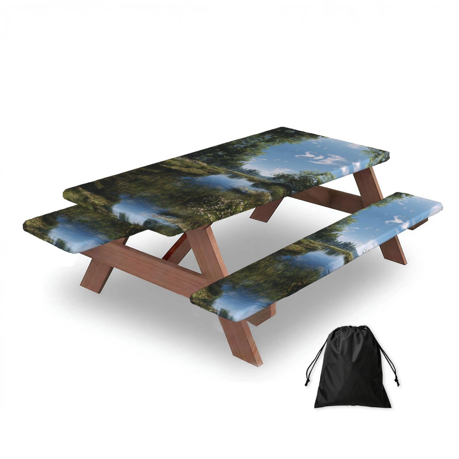 ESNAIUVCD Wetland Scenery Print Picnic Table Cover With Bench Covers,Camping Essentials,Fitted Tablecloth Cover With Elastic Edge, For Indoor & Outdoor 3 Pcs