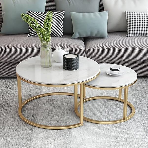 Furniture Cafe Luxury Round Nesting Coffee Table Set of 2 | Marble Look Top with Gold Metal Frame | Modern Center & Side Tables for Living Room (White & Gold)-image-40