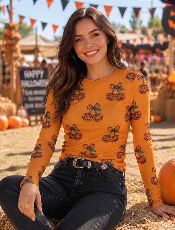 Image of Halloween Shirt Women Spooky Season See Through Mesh Long Sleeve Top