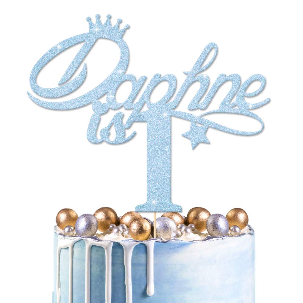 EDSG Personalised 1st Birthday Cake Topper | Customized Name Decor | Double Sided Glitter Card | Glitter Birthday Cake Decoration Hand Finished in UK (Baby Blue)