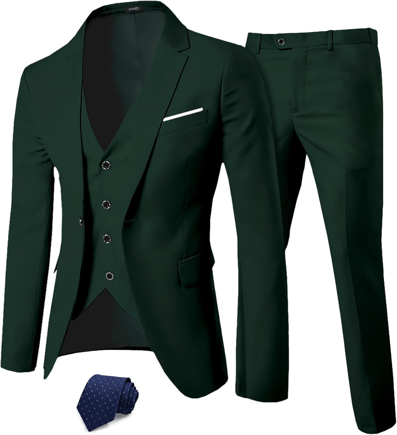 YND Men's Slim Fit 3 Piece Suit, One Button Solid Jacket Vest Pants Set with Tie