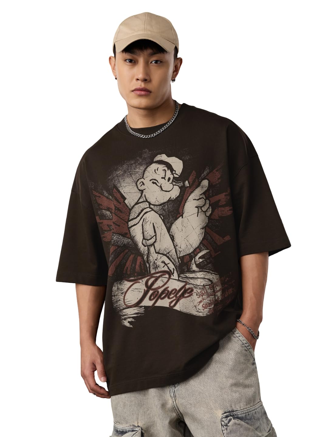 Popeye: Wings Men and Boys Short Sleeves Round Neck Brown Graphic Printed Cotton Oversized Heavy Gauge Fabric Drop Shoulder Streetwear All-Season T-Shirt-image-1