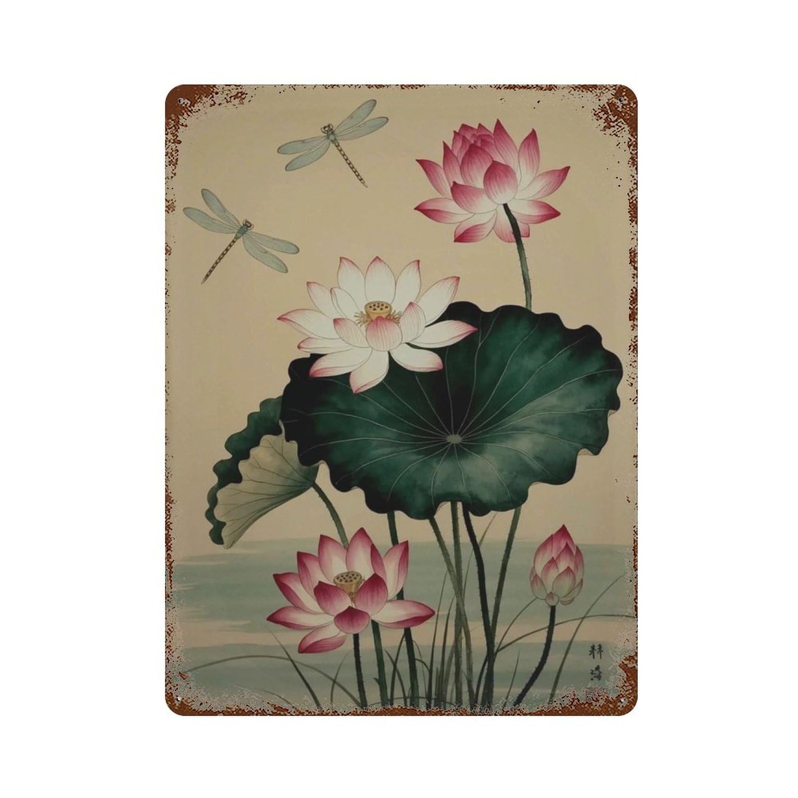 xiaoxiaoshen Lotus Flower Japanese Botanical Zen Work Asian Dragonfly Painting Style Floral H Wall Decor Art Metal Tin Poster Modern Home Decor Art Home Bar Shop Decorations Vintage Sign 40x30cm