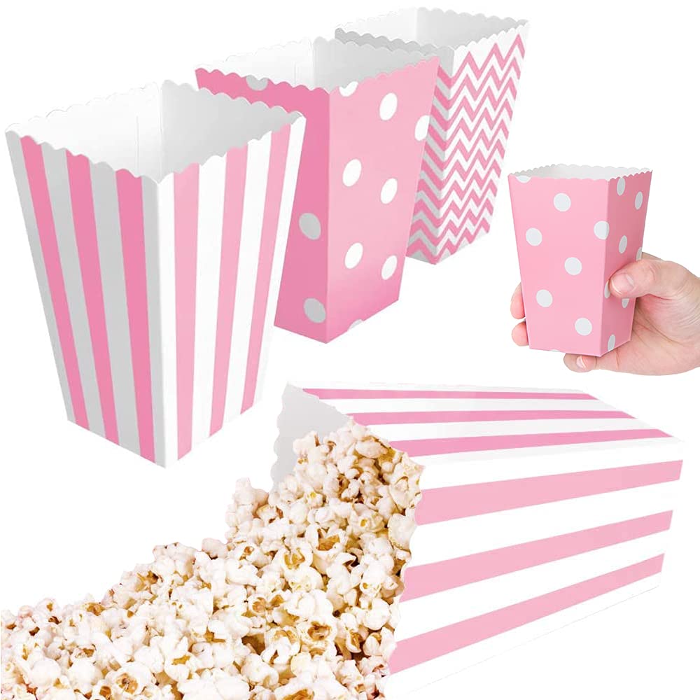 45 Scatoline Porta Popcorn Rosa - Confezione Cartone Pieghevole Per Caramelle E Snack, 3 Design (Pois, Strisce, Onde) - 2