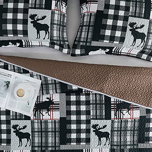 Umchord Cabin Quilt Sets Queen, Christmas Patchwork Rustic Lodge Deer Quilt Bedding Set, All Season Lightweight Reversible Bedspread Coverlet With 2 Pillow Shams (Black, Queen) #TOP5