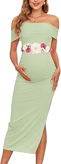 Maternity Mesh Split Dress Off The Shoulder Ruched Bodycon Pregnancy Dresses Baby Shower Photoshoot, Without Belt - Buy now