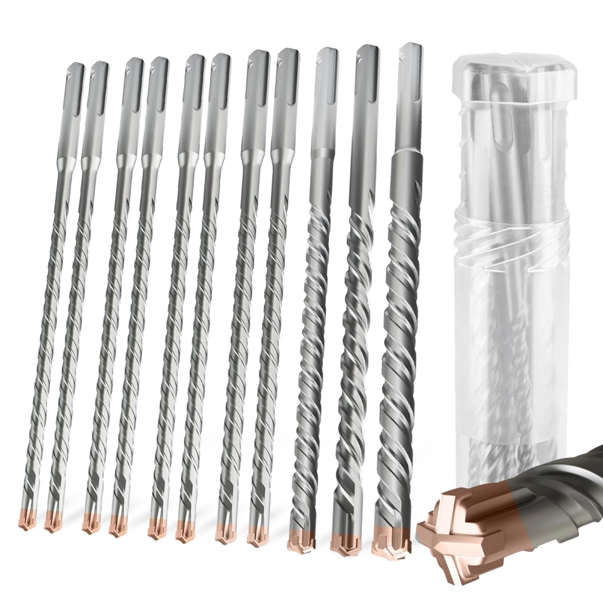 11pcs SDS Plus Hammer Drill Bits Set(4/4/5/5/6/6/8/8/10/12/14mmx200mm),Professional Tungsten Carbide Cross Tip,SDS Plus Masonry Drill Bits for Wall, Stone, Concrete, Brick