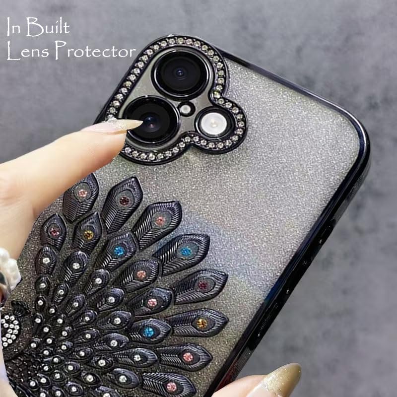 Image of mobistyle Designed for iPhone 16,3D Diamond Luxury Electroplate Glitter Peacock Tail Bling Design Camera Protection Shockproof Phone Case for (Black, iPhone 16)
