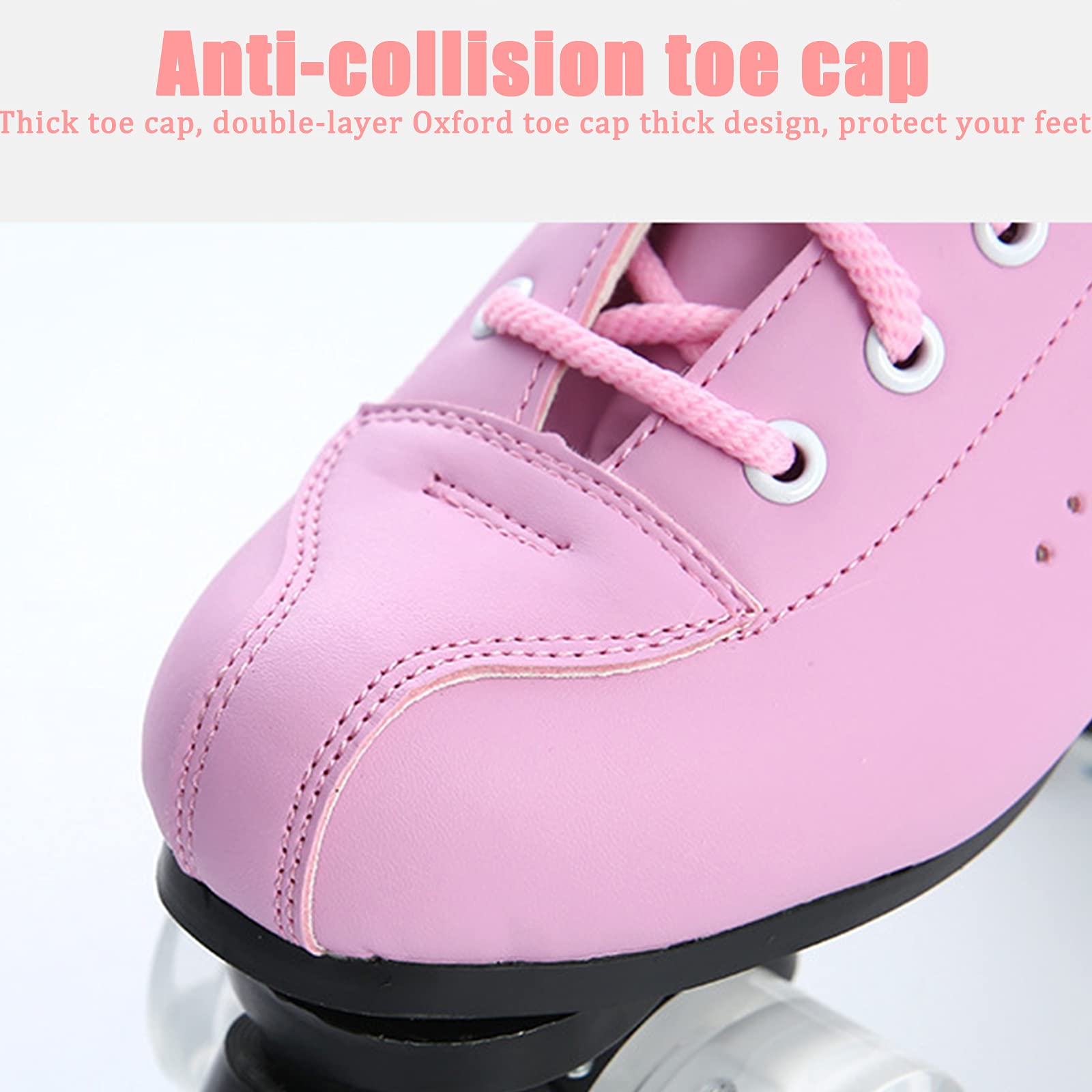 Klzzuk Patines Rosas para Mujer, Patines Paralelos Clásicos de Cuero de PU Patines de Dos Hileras de 4 Ruedas con Ruedas de PU Intermitentes, Roller Skates Brillantes para Interiores y Exteriores