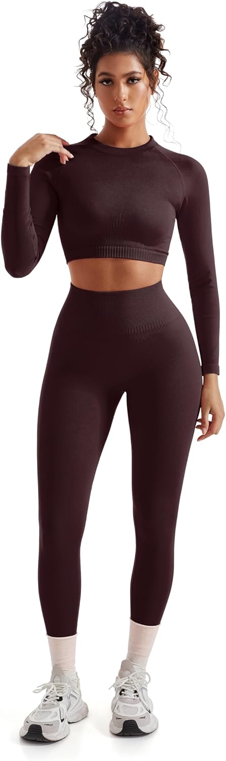 SUUKSESS Women 2 Piece Workout Sets Hidden Scrunch Hip Lifting Seamless Leggings Long Sleeve Yoga Crop Tops - Image 2
