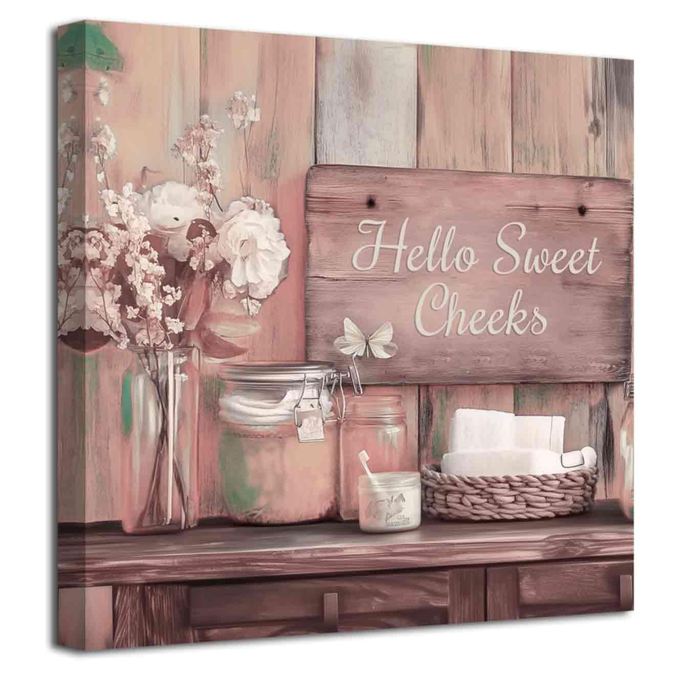 LZIMU Pink Bathroom Pictures Wall Art Rustic Bathroom Decor Farmhouse Quote Signs Canvas Prints Country Flower Poster Paintings Funny Toilet Decor Framed (Pink, (28L x 28W))