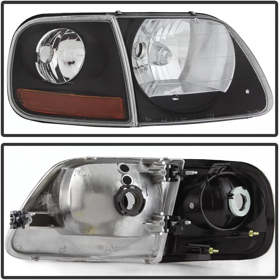 ACANII - For Black 1997-2003 Ford F150 Expedition Lightning Style Headlights Headlamps w/Corner Signal Lights 4pcs Set