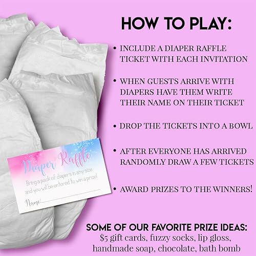 Miniatura 8 de AmandaCreation - Boletos para rifas de pañales de acuarela rosa y azul para baby showers de revelación de género, 20 tarjetas de inserción de doble