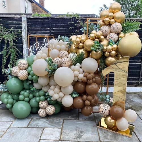 Image of Funhot Green and Brown Balloons Set, 60PCS Sage Green Brown Gold Balloon, 12Inch Jungle Safari Party Balloons Nude Metallic Gold Latex Balloons for Baby Shower Camo Woodland Birthday Party Decoration