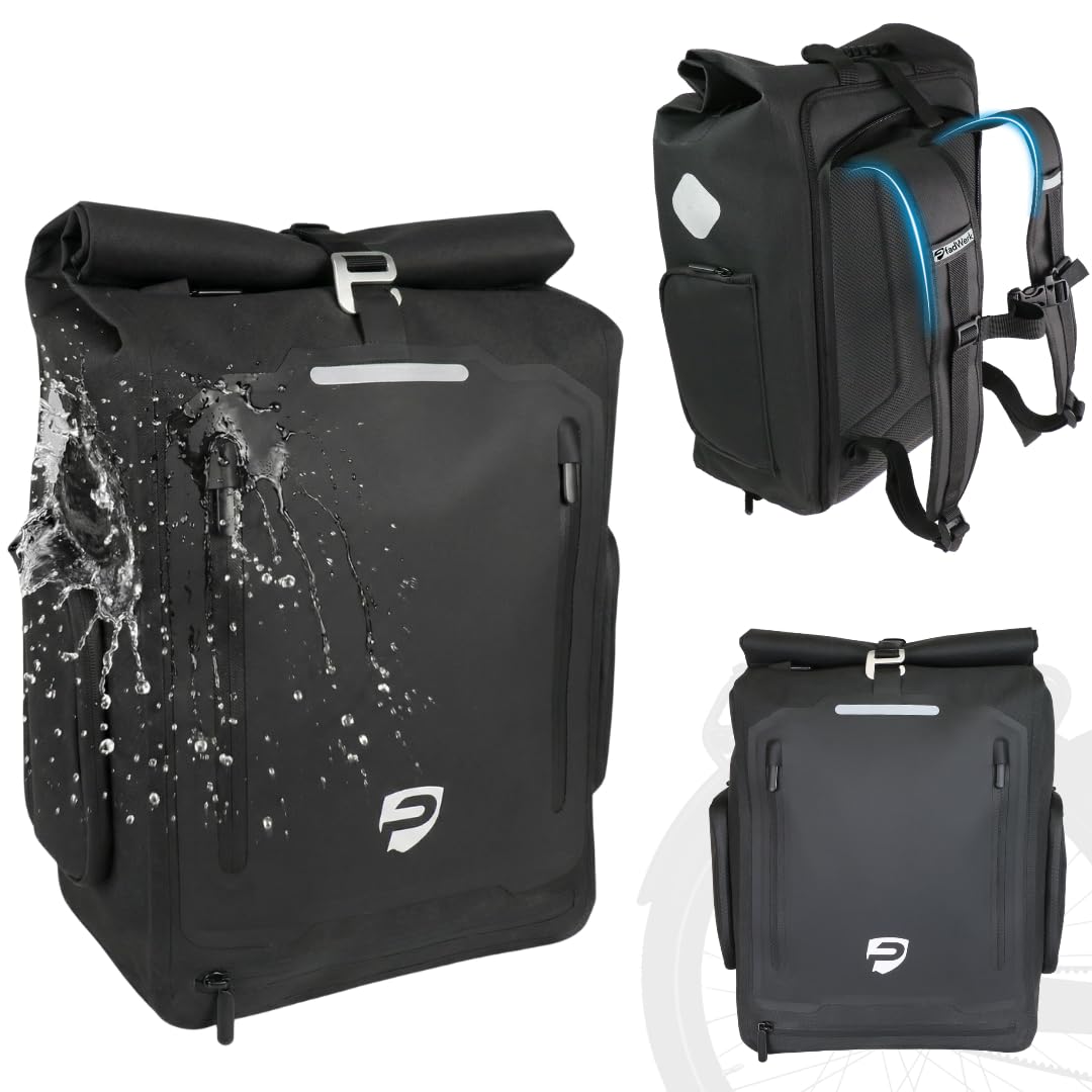 3in1 Fahrradtasche Rucksack – 27L – 100 % wasserdichte Gepäckträgertasche, Tragetasche & Rucksack mit Laptopfach & Reflektoren – abschließbar – inkl. Schultergurt & Zahlenschloss