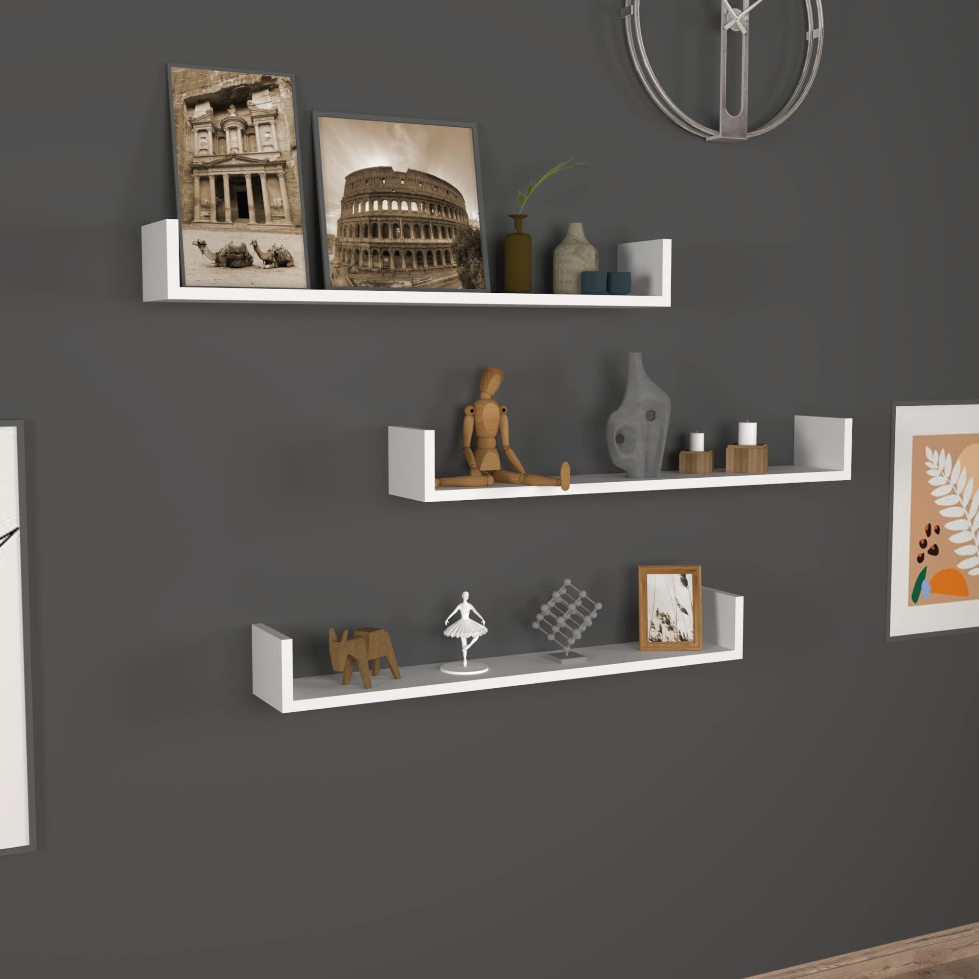 [en.casa] Set di 3 Mensole da Muro (AxLxP) 12 x 90 x 15 cm Consolli Pensili con Piano d'Appoggio a Forma di U - Bianco