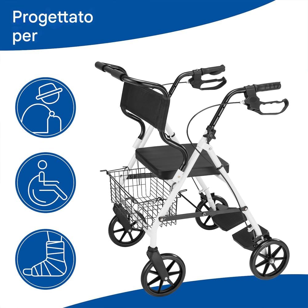 BAKAJI Deambulatore Rollator con Sedile, Ausilio Camminata per Anziani con Ruote e Freni, Disabili e Persone con Mobilità Ridotta, Struttura Ultraleggera e Pieghevole con Altezza Regolabile