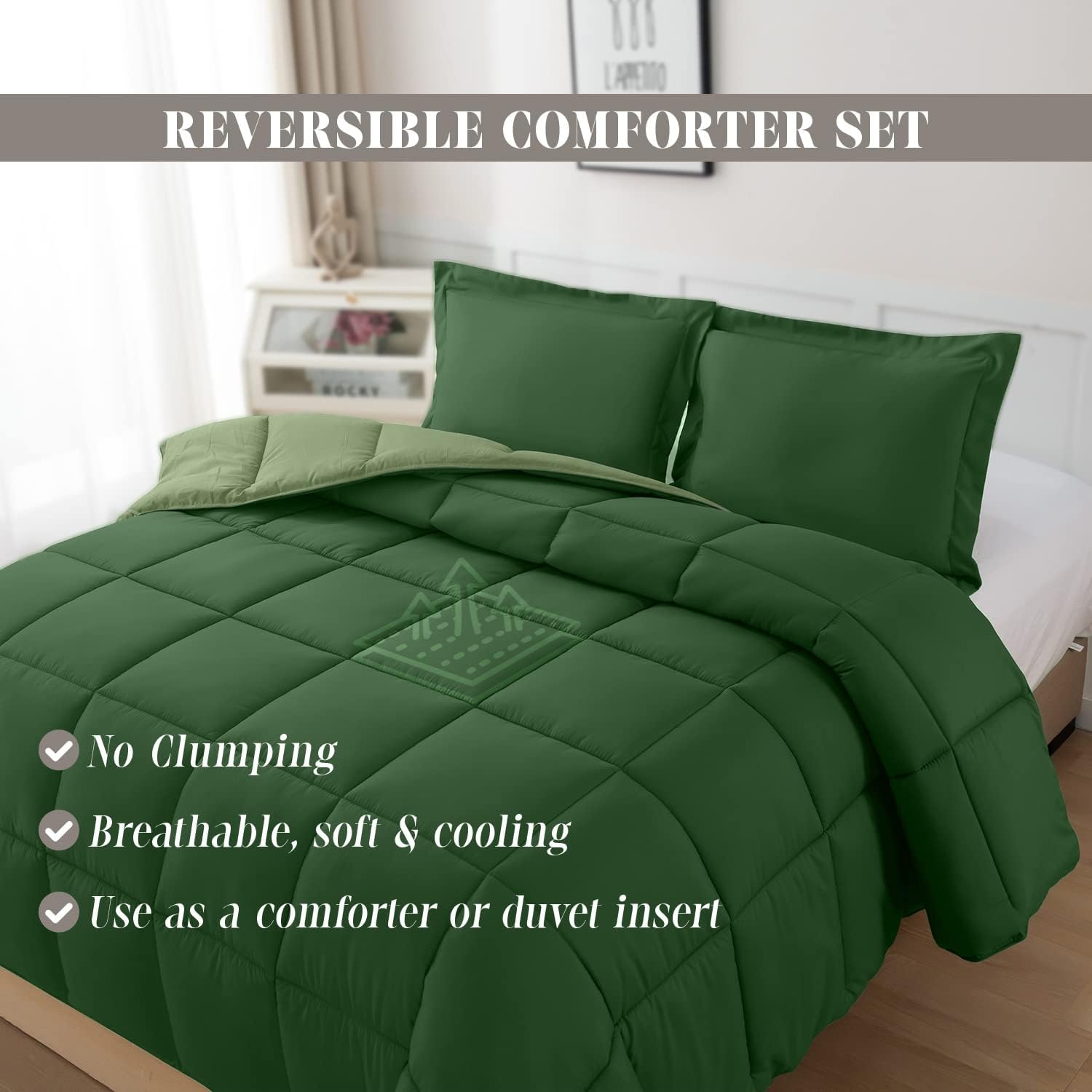 Elegant Comfort 3-Piece Reversible Comforter Set, All Season Cozy, Soft Down Alternative, Quilted - Box Stitched - Duvet Insert with 4 Corner Tabs, Comforter with Shams, Twin, Hunter Green/Sage