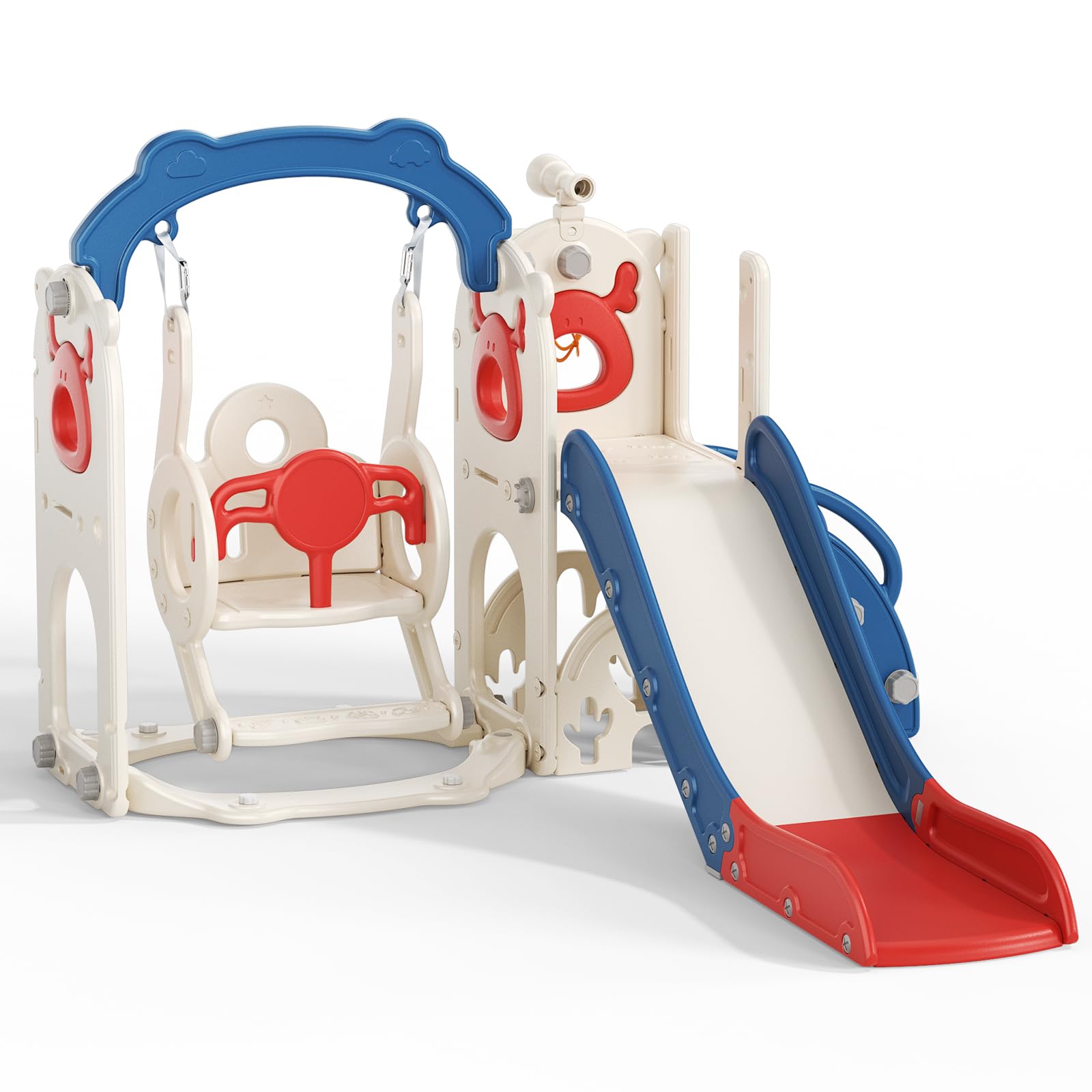 Tobogán para niños con aro de Baloncesto, tobogán temático de Alce, Parque Infantil Interior y Exterior, Kit de Juego de Escalada Independiente con tobogán para bebés (Azul-6 en 1)