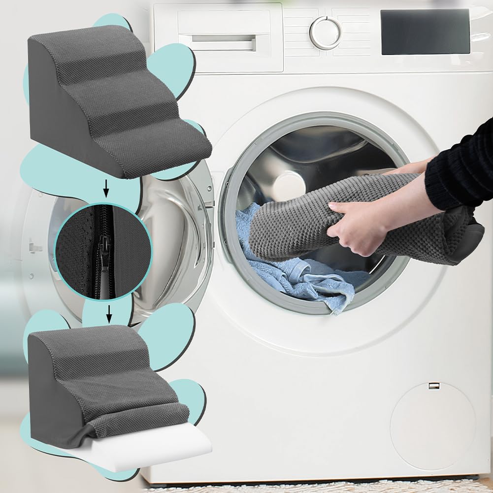 BAKAJI Scala per Animali Domestici con 3 Gradini e Rullo Rimuovipeli, Rivestimento Sfoderabile in Tessuto a Coste, Rampa per Gatti e Cani Anziani, Scaletta Imbottitura Schiuma Alta Densità (Grigio)