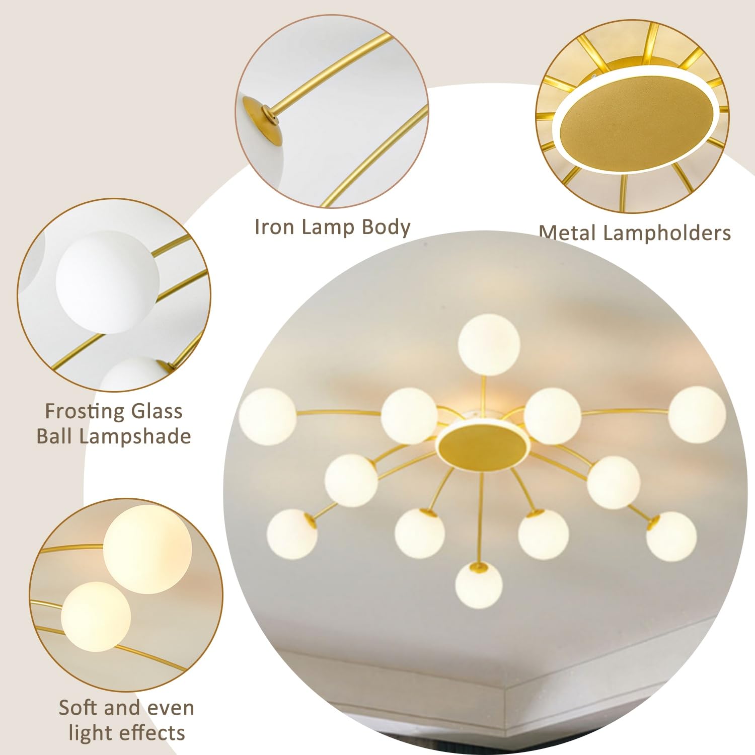 zhxinashu Lampadario oro per Soggiorno,Lampadario Sputnik a 12 Luci | Lampadario Sputnik Mid-Century, Lampadine G9 Non Incluse, Globo in Vetro, Plafoniera Industriale per Camera da Letto