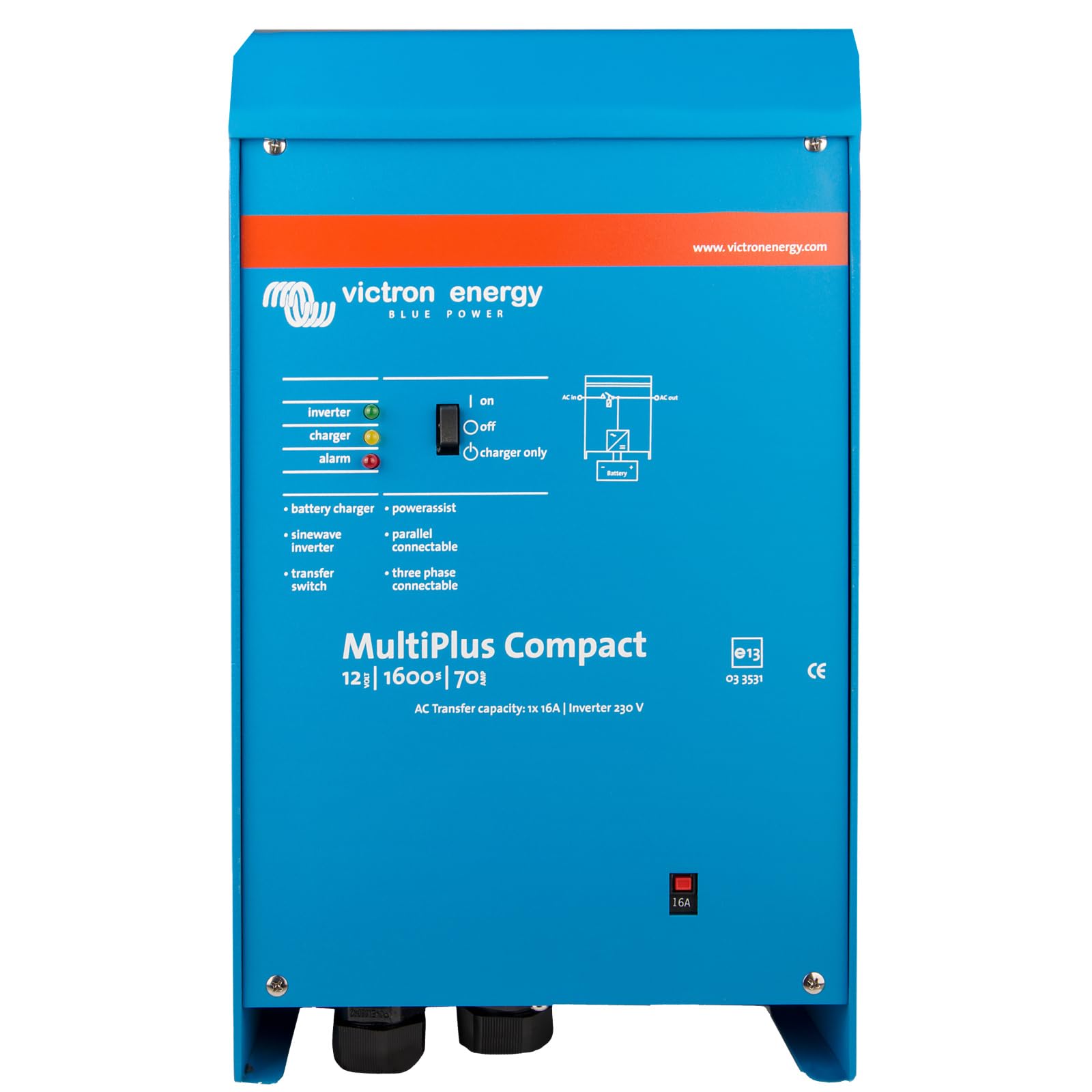 Victron Energy MultiPlus Compact 12/1600/70-16 Wechselrichter-Ladegerät – 1600VA Ausgang, 70A Batterieladung, 230V VE.Bus, Effizientes Design für Solar- und Mobilanwendungen