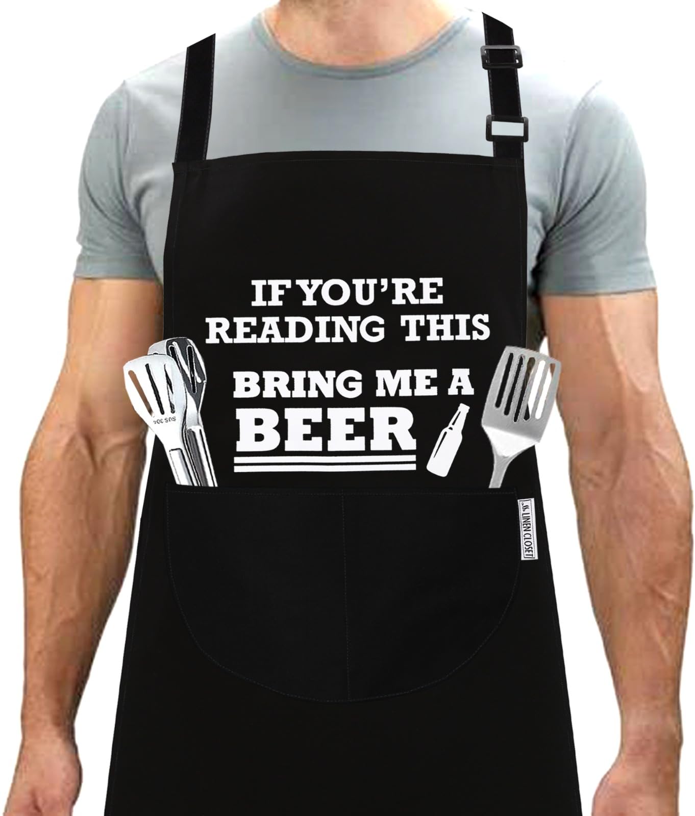 LINEN CLOSET® Bring me a beer apron-Bbq Aprons for Men Funny Chef Cooking Aprons Kitchen Grilling Gifts for Men Father Dad Husband 2 Pockets