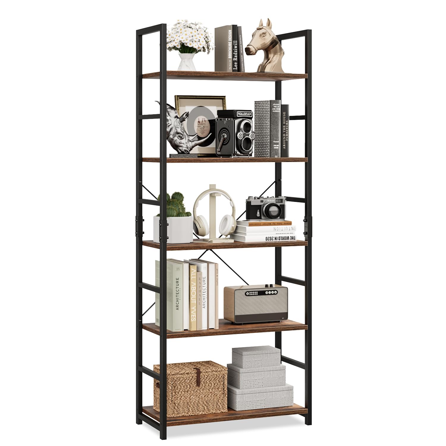 5 Tier Bookshelf, Tall Bookcase, Office Shelf Storage Organizer, Modern Book Shelf for Living Room, Bedroom, and Home Office, Vintage