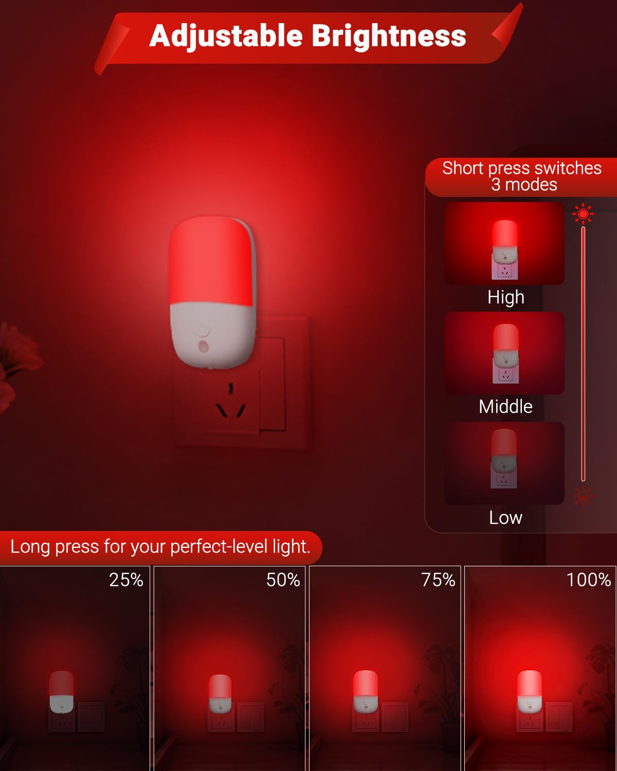 670nm Red Night Lights with Retractable Plug 2 Pack - 0 5W Red Light Night Light with Dusk — view 6