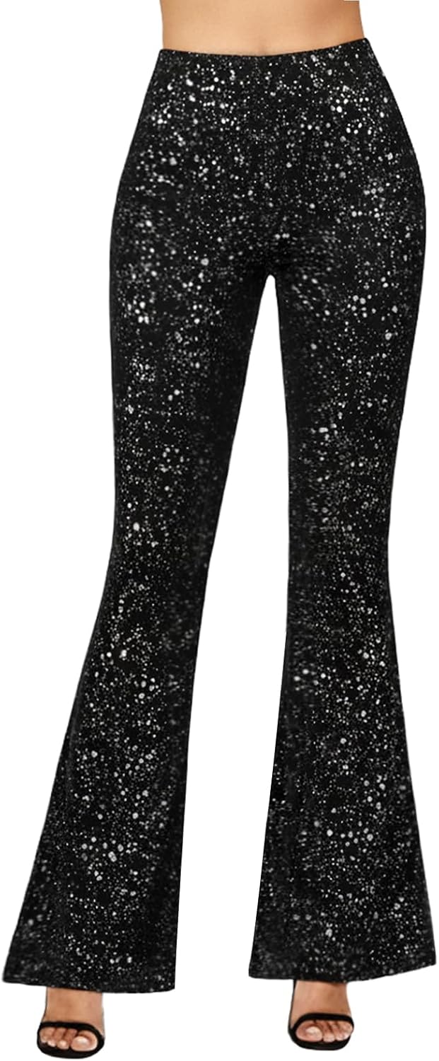 Women's Sparkly Flare Leggings, High Waisted Sparkle Bell Bottoms Pants Party Trousers for Club Night Out