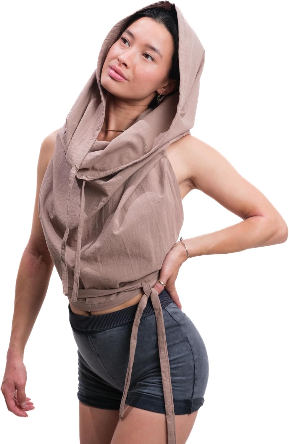 Dune Style Festival Boho Beach Cover Up Women’s Hooded Hood Tie up Forrest Pixie Halter Crop Top One Size