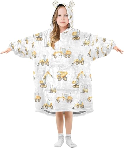 Manta de vehículos de construcción de gran tamaño con capucha para niños, manta de franela acogedora de dos capas (473), Vehículos de construcción