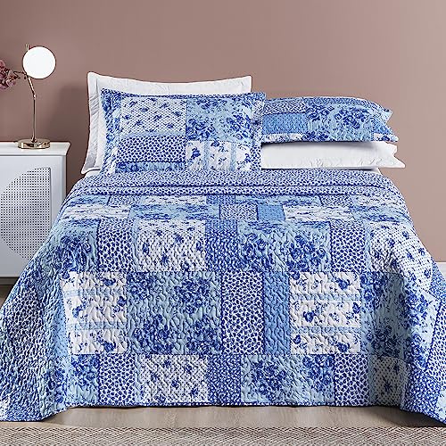 Colcha Bouti Cobre Leito Tecido Estampado Dupla Face 03 Peças - Fronhas Aba Americana (AZUL SERENA,