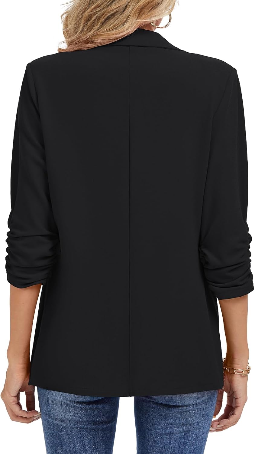 MINTLIMIT Shoulder Pad Blazer for Women Ruched 3/4 Sleeve Open Front Blazers Work Notch Lapel Jacket with Pockets