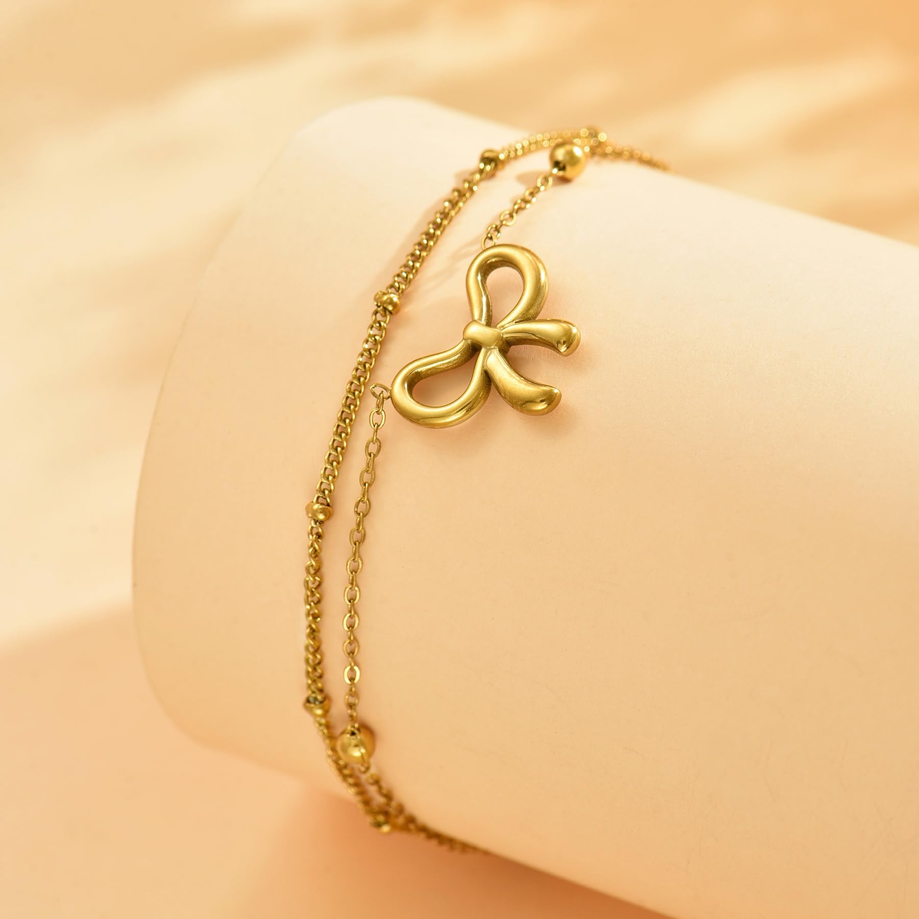 NONAMOIS Cavigliera placcata in oro 18 carati con diamante per le donne impermeabile oro CZ perla Bow Link Chain Cavigliere non si ossidano estate spiaggia gioielli regali