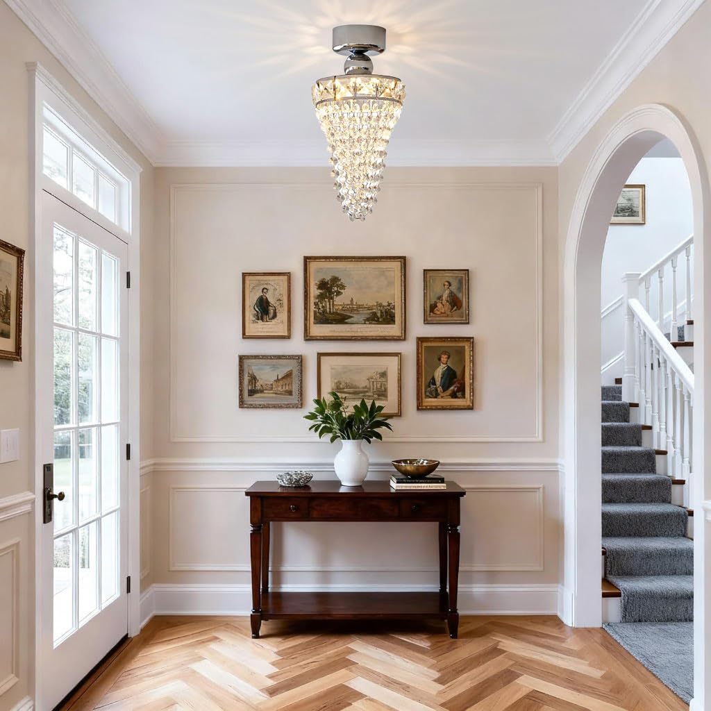 Small Crystal Chandelier Silver, Mini Small Ceiling Light Fixture, Modern K9 Crystal Flush Mount Ceiling Light for Dining Room, Bathroom & Hallway