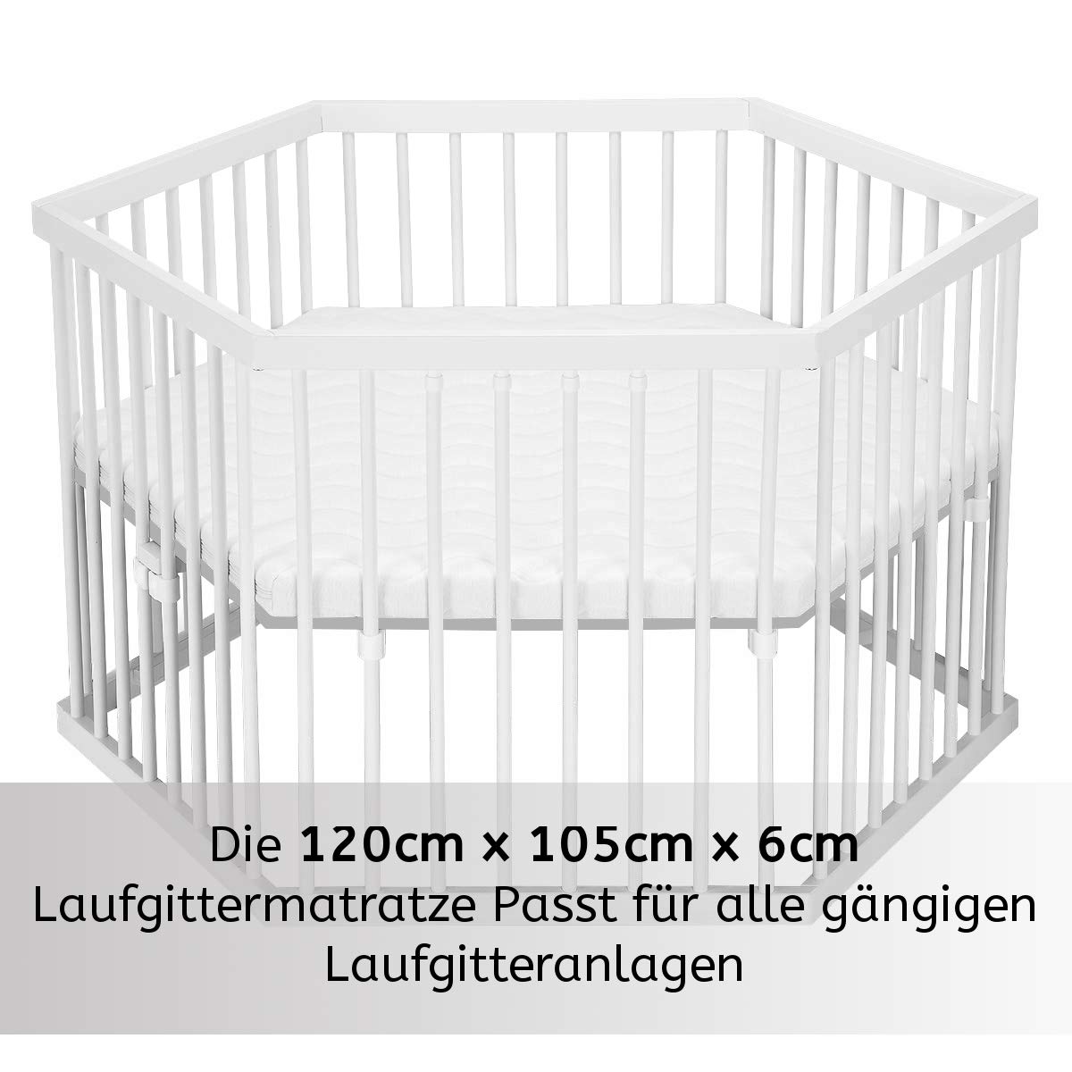 Laufgittereinlage 6 eckig 120cm H2 | Laufgittermatratze | Babymatratze Laufstall | Made in Germany | 100% Polyester | Bezug waschbar 40 Grad | weiß