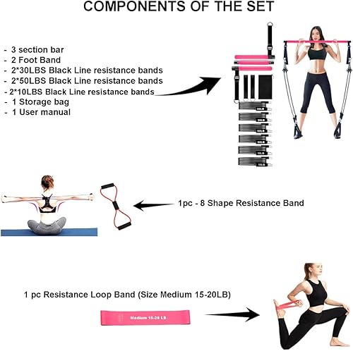 Miniatura 2 de Kit de barra de pilates con bandas de resistencia para mujeres y hombres, bandas de resistencia para entrenamiento, equipo de gimnasio en casa,