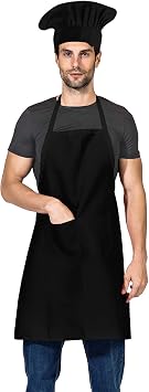 Black Chef Hat and Apron Set,Bib Apron in Big Size and Chef Hat, Bib Cooking Grilling BBQ Kitchen Chef Apron for Men Women Chef.1set,Black