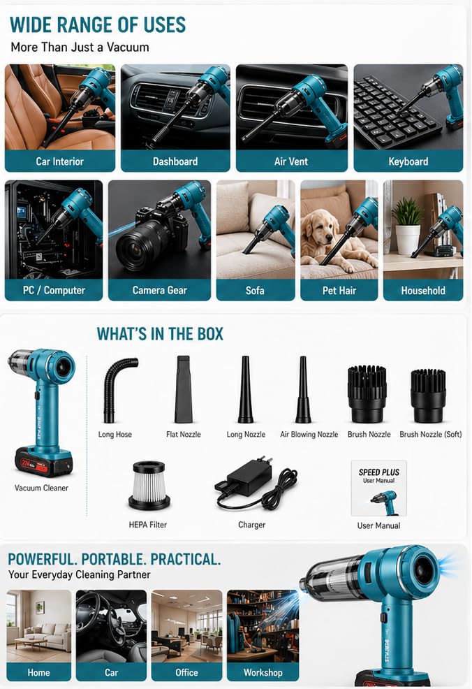 Image of Sceptre Cordless Vacuum Cleaner & Air Duster for Car use| Home & Office use |15000Pa Powerful Suction| 21V Rechargeable Battery| 4-in-1 Wireless Cleaner for Sofa, Bed, Carpet & PC Cleaning & More