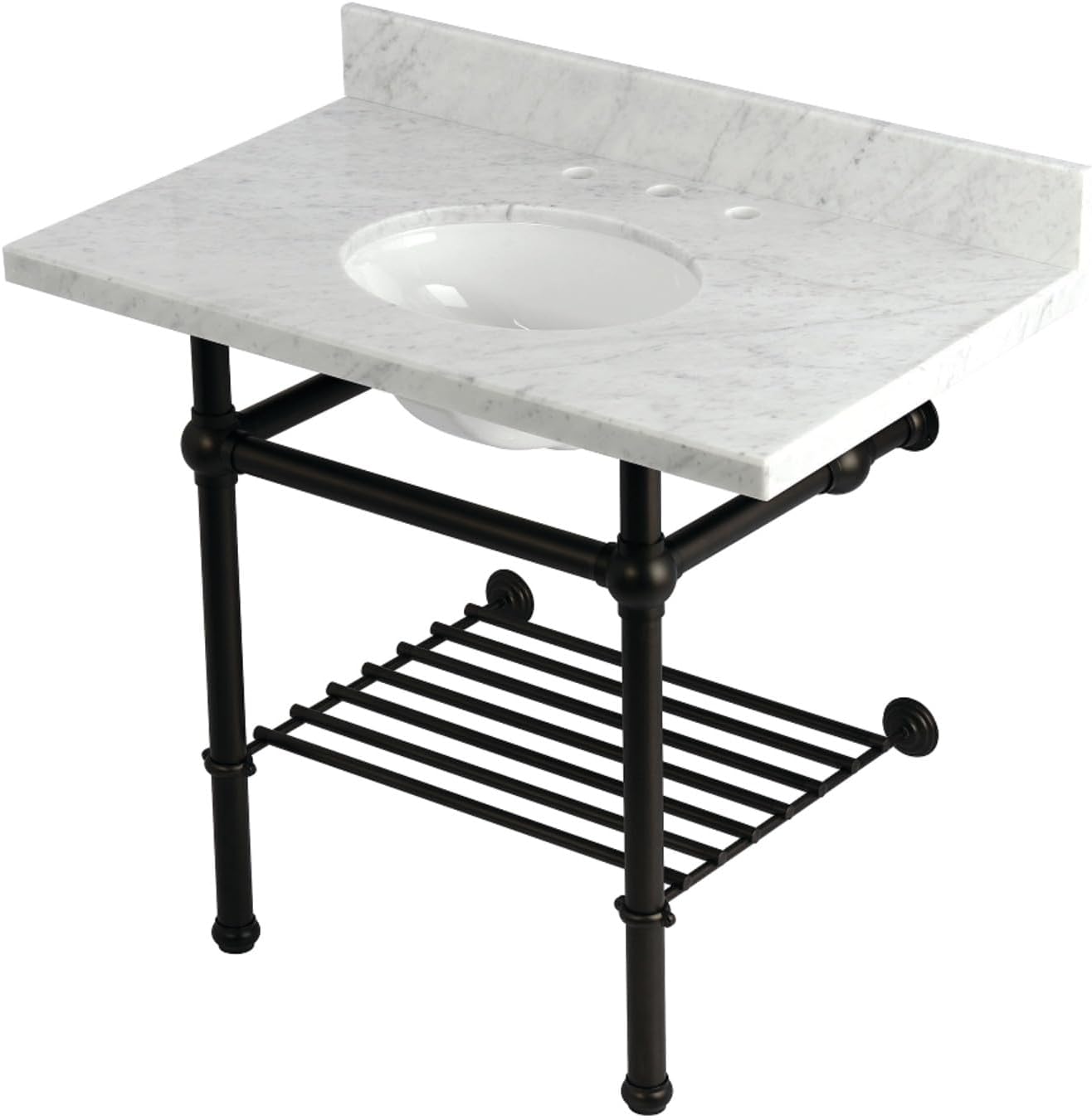 Kingston Brass KVPB3630MBB5 Templeton 36" Console Sink with Brass Legs (8-Inch, 3 Hole), Carrara Marble/Oil Rubbed Bronze