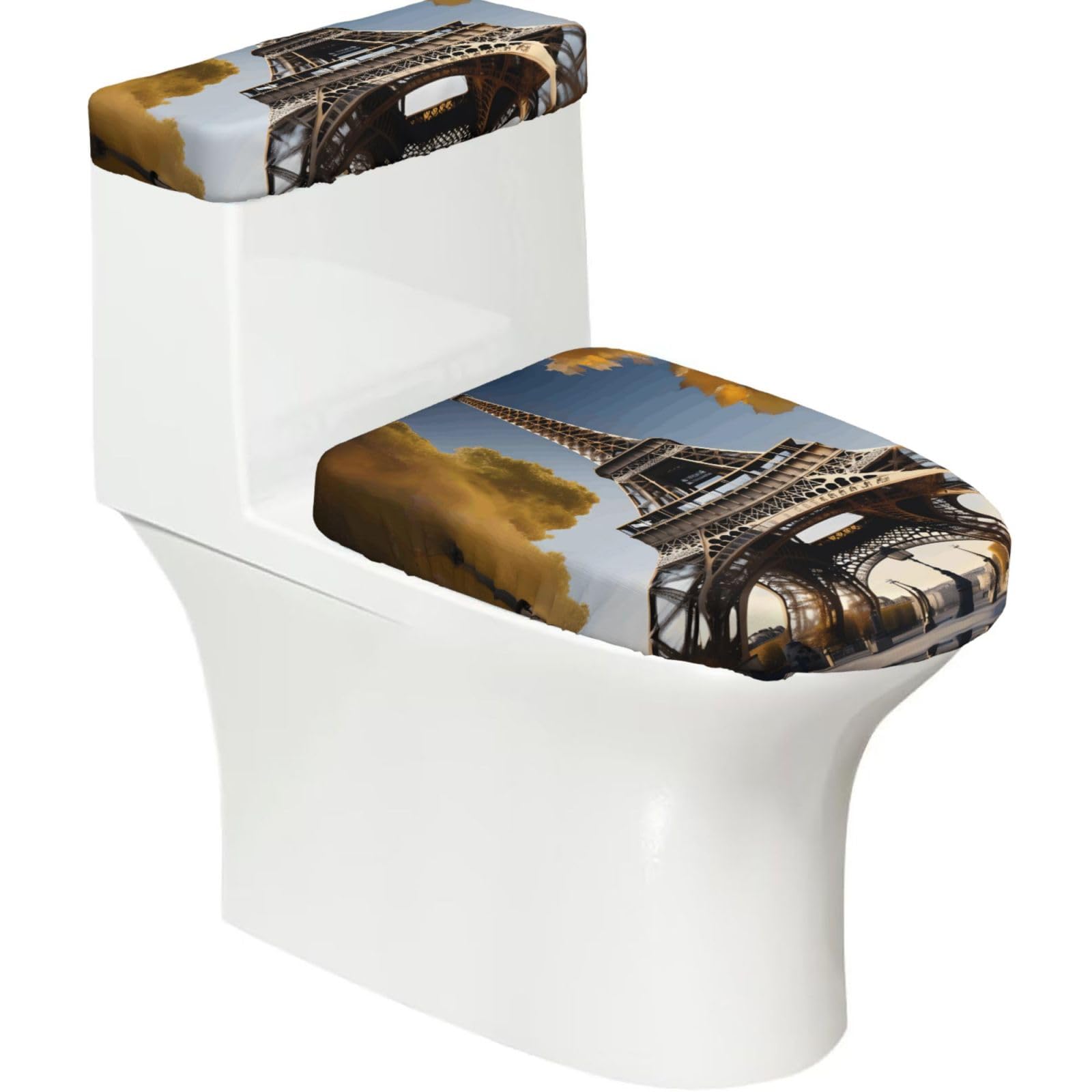 Cityscape Paris Eiffel Tower France Printed Toilet Tank and Lid Cover Set of 2 for Most Bathrooms, Fits Elongated Round Toilets