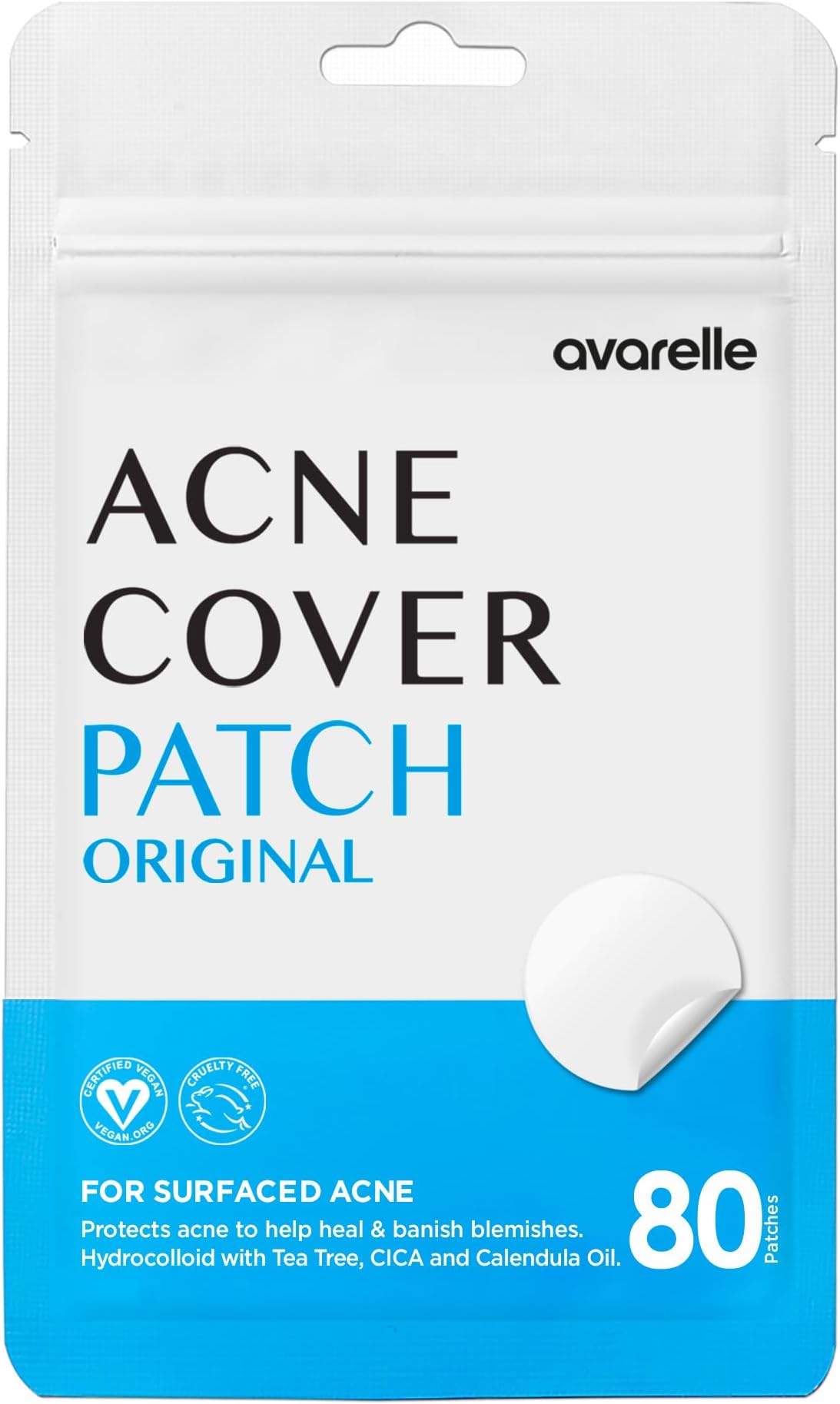 AVARELLE Acne Cover Patch Hydrocolloid Acne Patches, Acne Spot Treatment for Blemishes and Zit with Tea Tree, Calendula and Cica Oil for Face, Vegan, Cruelty Free Certified (ROUND / 80 PATCHES)