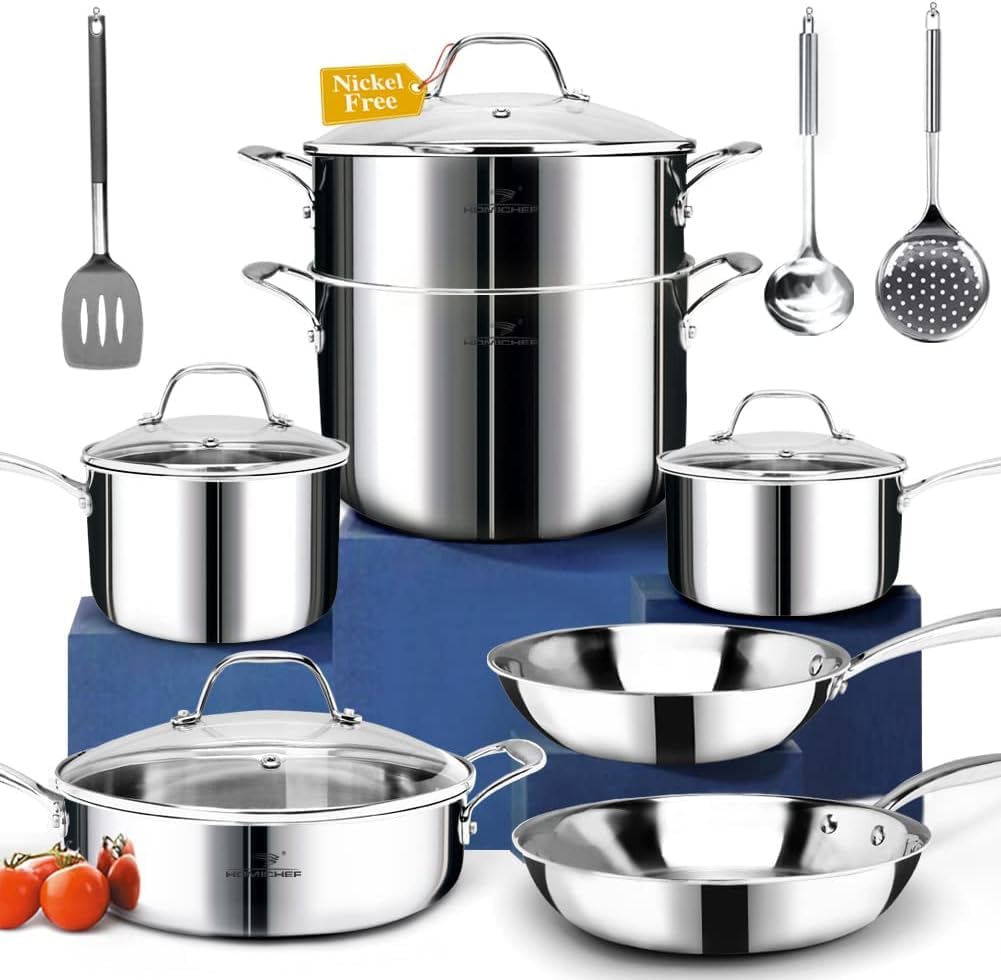 HOMICHEF 14 pezzi set di pentole in acciaio inox senza nichel, rivestito in 3 strati - Set di pentole e padelle lucidate a specchio - Pentole salutari con vaporiera - Pentole a induzione atossiche