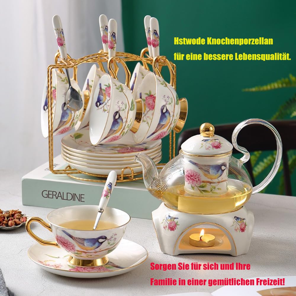 15 Stück Europäischen Blumen Tee Set,Muster Bone China Tee Set Service Kaffee Set, Beheizte Glas Teekanne, Für Geschenk Und Haushalt, Hochzeit (Vogel- und Blumenmuster)