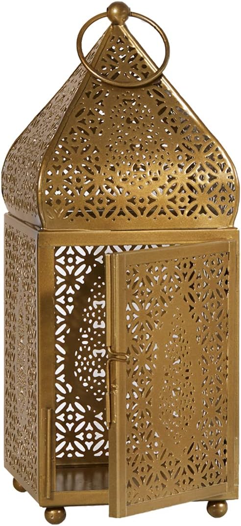 Serene Spaces Living Large Moroccan Gold Ornate Candle Lantern, Antique Gold Lantern, Decorative Candle Lantern Holders for Indian-Inspired Wedding, Eid, Ramadan, Events, 4.5" Dia & 12" Tall