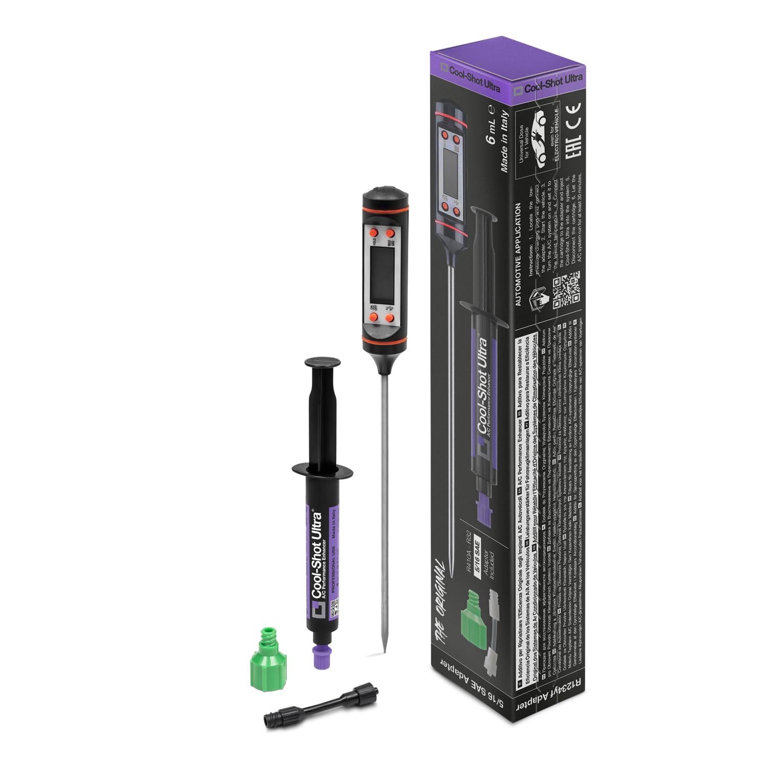 ERRECOM Cool-Shot Ultra Ripristina Efficienza Originale del Climatizzatore, Aria più Fredda, Include Termometro per Verifica Temperatura Prima e Dopo, Siringa 6mL +Adattatore 5/16 SAE (per R410a,R32)