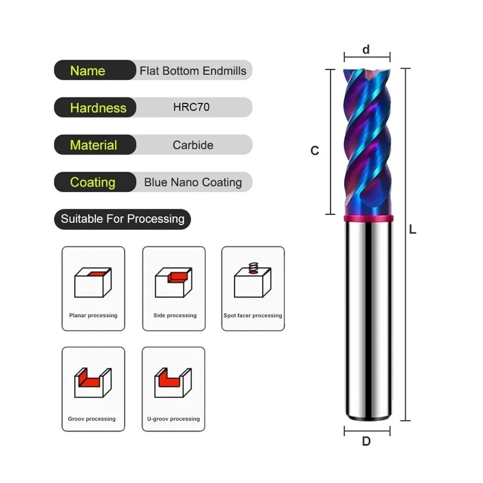 1 Uds HRC70 4F círculo de Color fresa extremo plano carburo acero tungsteno revestimiento azul for fresas mecánicas CNC(18x40Cx18Dx100L)