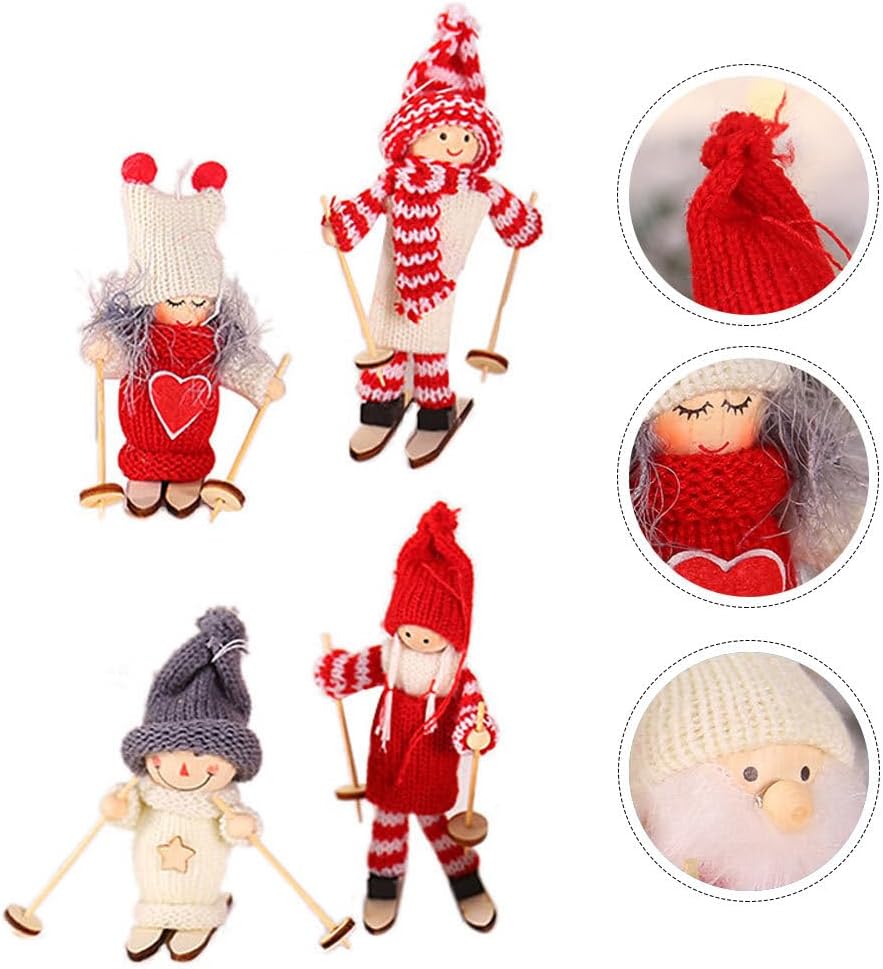 Amosfun 12pcs Wooden Ski Doll Ornaments Christmas Wood Figurine Tree Hanging Decorations Home Window Tabletop Centerpieces