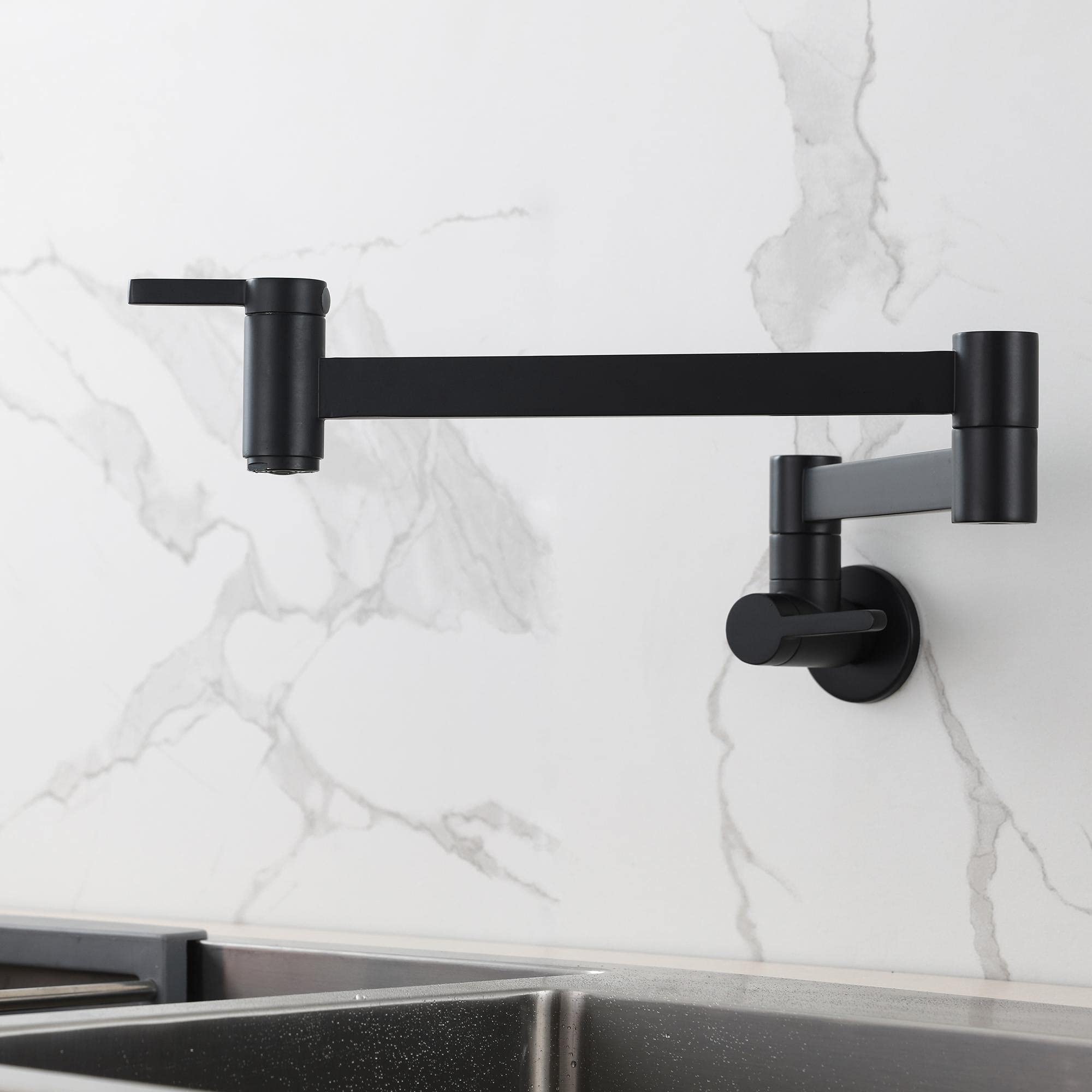 HomeLava Grifo relleno de olla negro, Grifo de cocina montado en la pared, Grifo latón, Plegable, Extensible, Doble junta, 2 manijas (negro)
